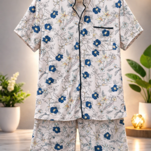 🌸✨ লেডিস প্রিমিয়াম কমফোর্ট সেট 💖অফ-হোয়াইট বেজের উপর নীল ফ্লোরাল প্রিন্ট 🌿💙